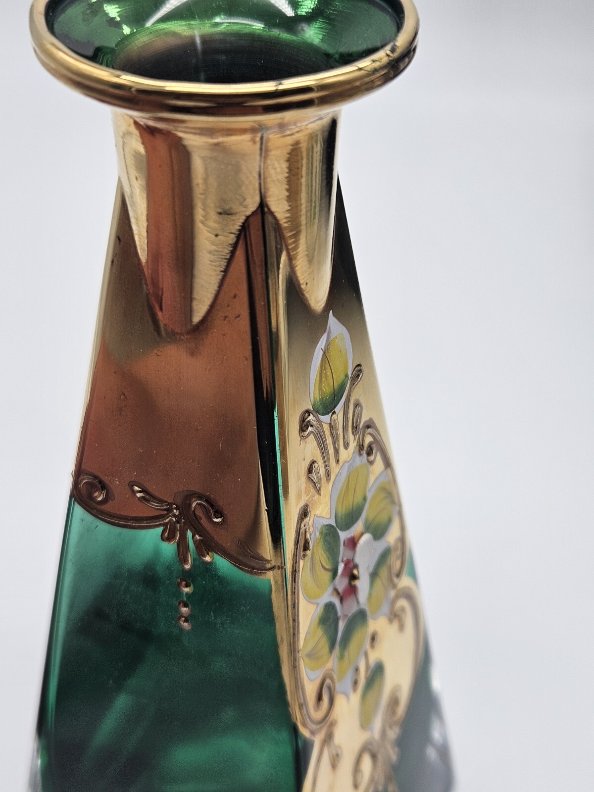 Venician Murano Glass Art Vase Emerald Green Gold Hand Painted Floral Bohemian