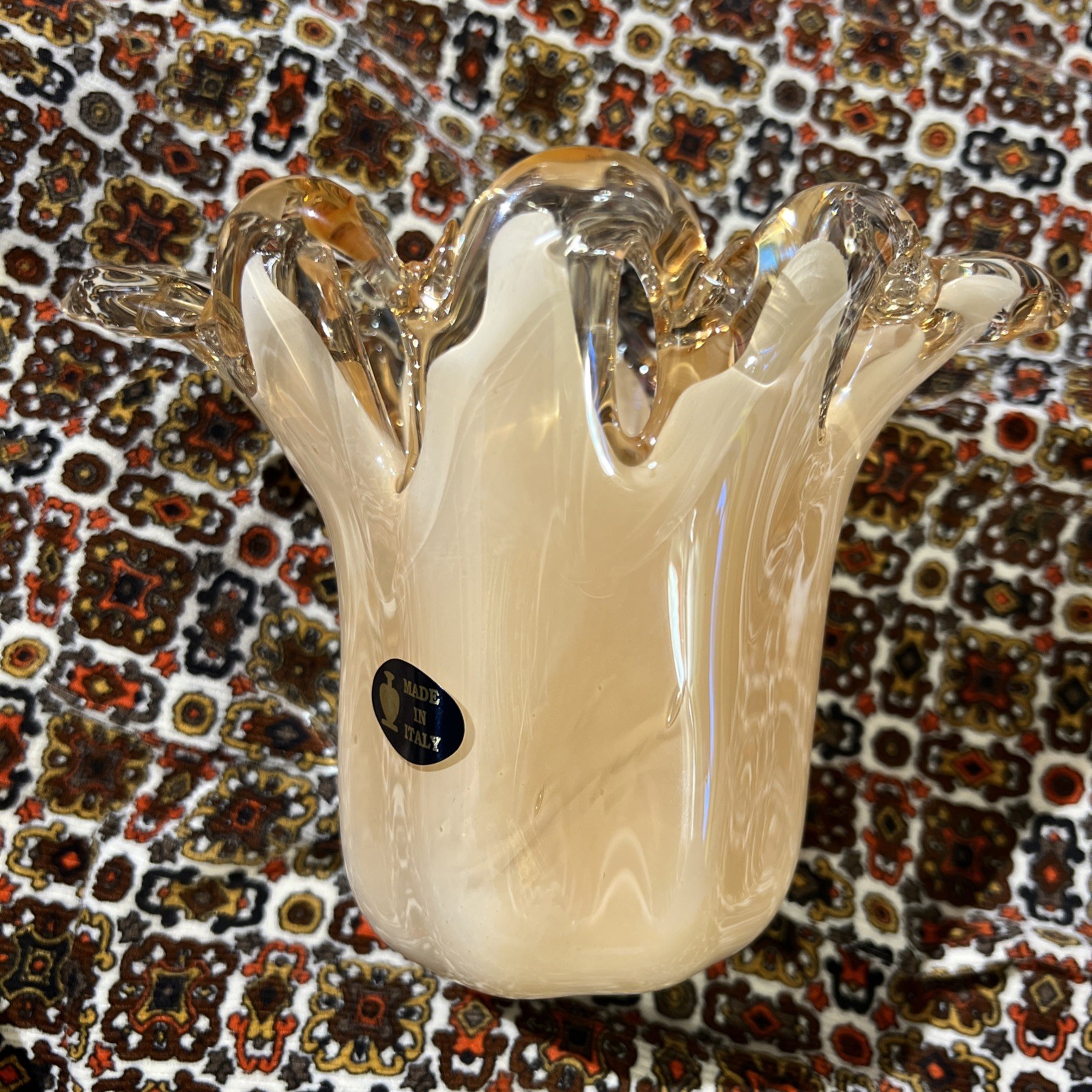 Murano Hand Made In Italy Art Glass Peach White Swirl Vase 5in Tall