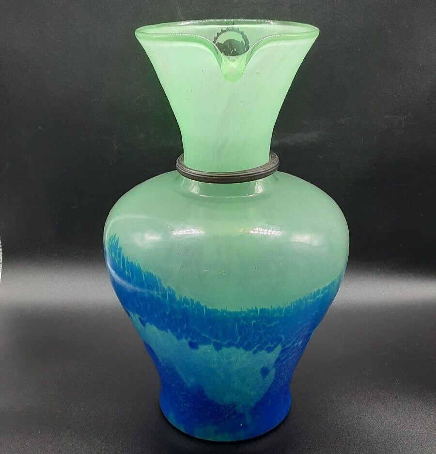 DESIGN GUILD green BLUE ROMANIAN ART GLASS ROPE PItcher VASE URN EXC! Romania