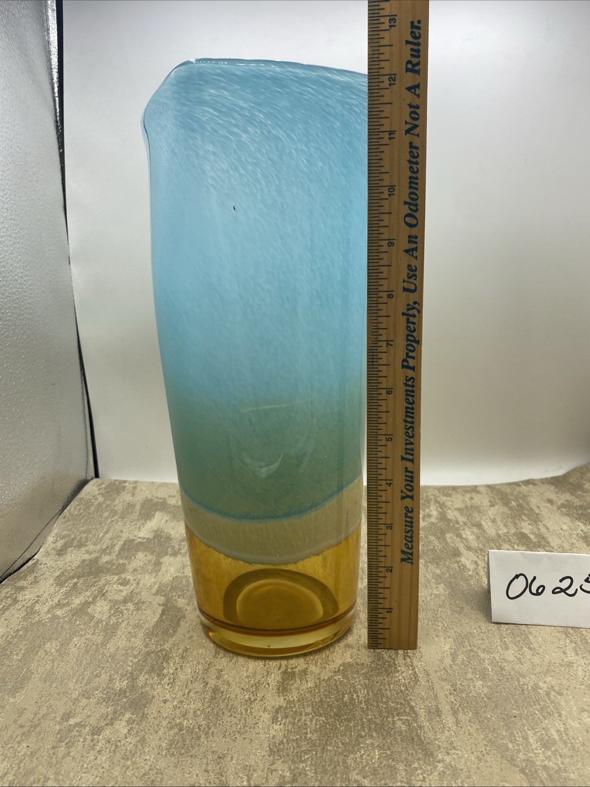 Turquoise, White & Amber Frosted Heavy Hand Blown Glass Vase 4 1/2” D 12 1/2” T
