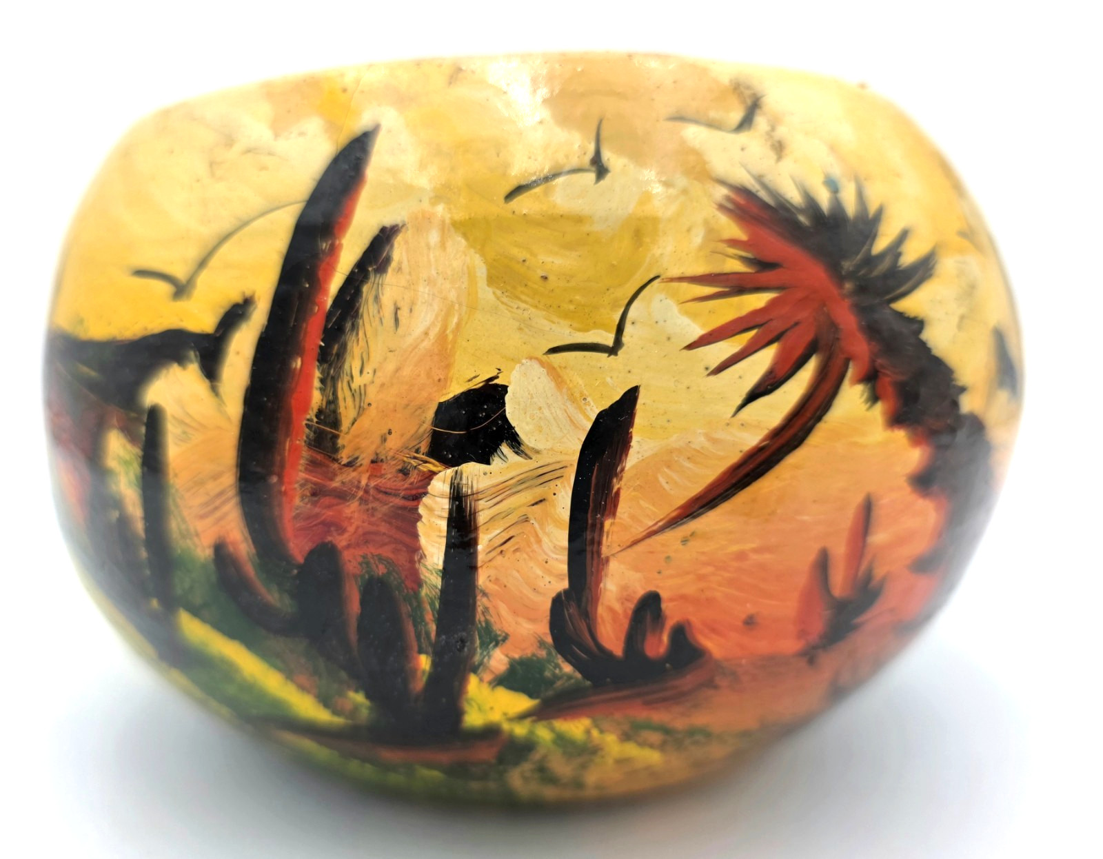 Hand Painted Mexican Pottery Planter Desert Landscape Cactus Signed VTG