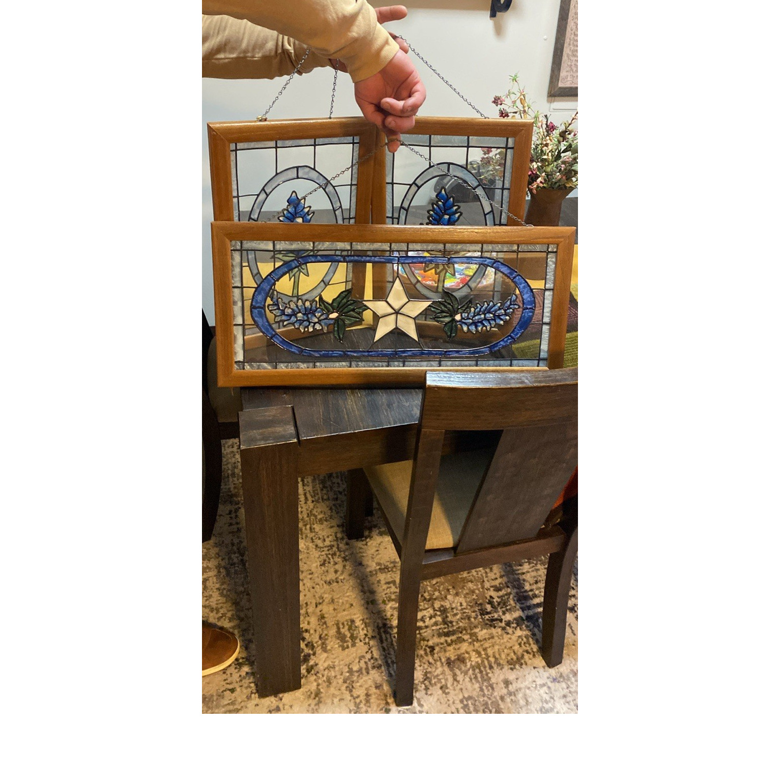 Set of 3 Stained Glass Bluebonnet Floral Window Panels Framed Blue Green