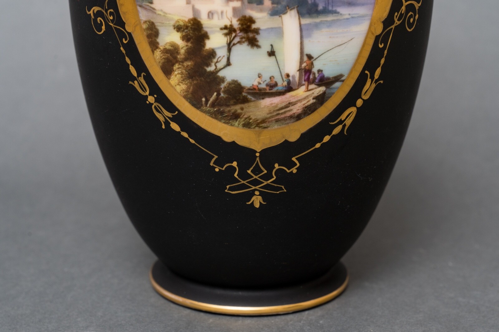 Antique Black ebony vase hand-painted porcelain. Classic motifs gold decoration