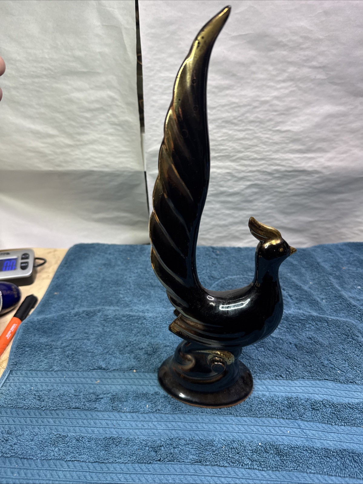 VTG Sutton’s Creations Black & Gold Bird Phoenix Redware Japan 13in Pheasant MCM