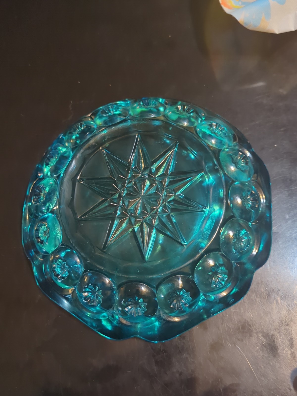 Vintage Ashtray Blue Glass Moon & Stars L.G.WRIGHT Large Round 8″