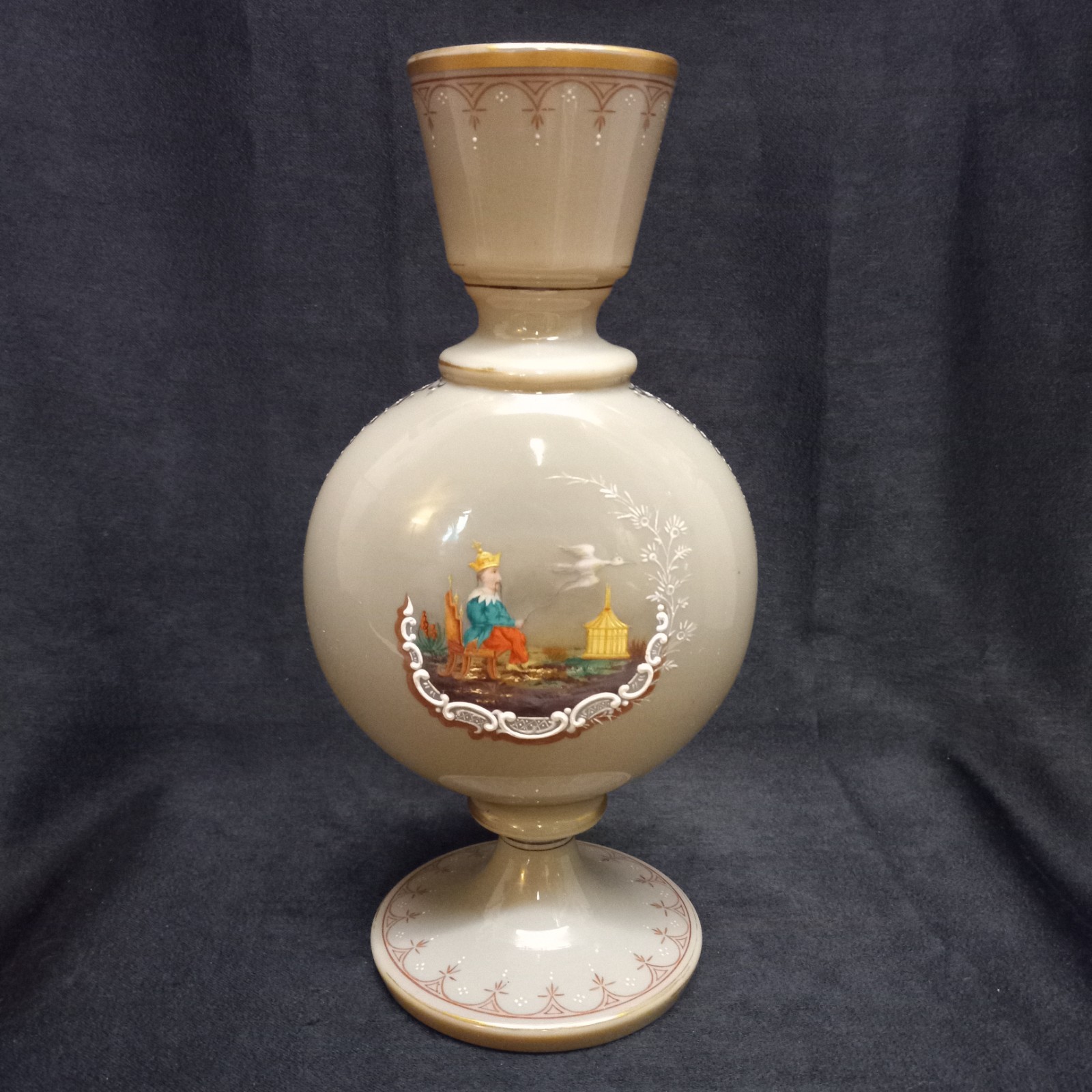 Gray Opaline Enameled Art Glass Moon Flask Vase Moser Harrach Baccarat