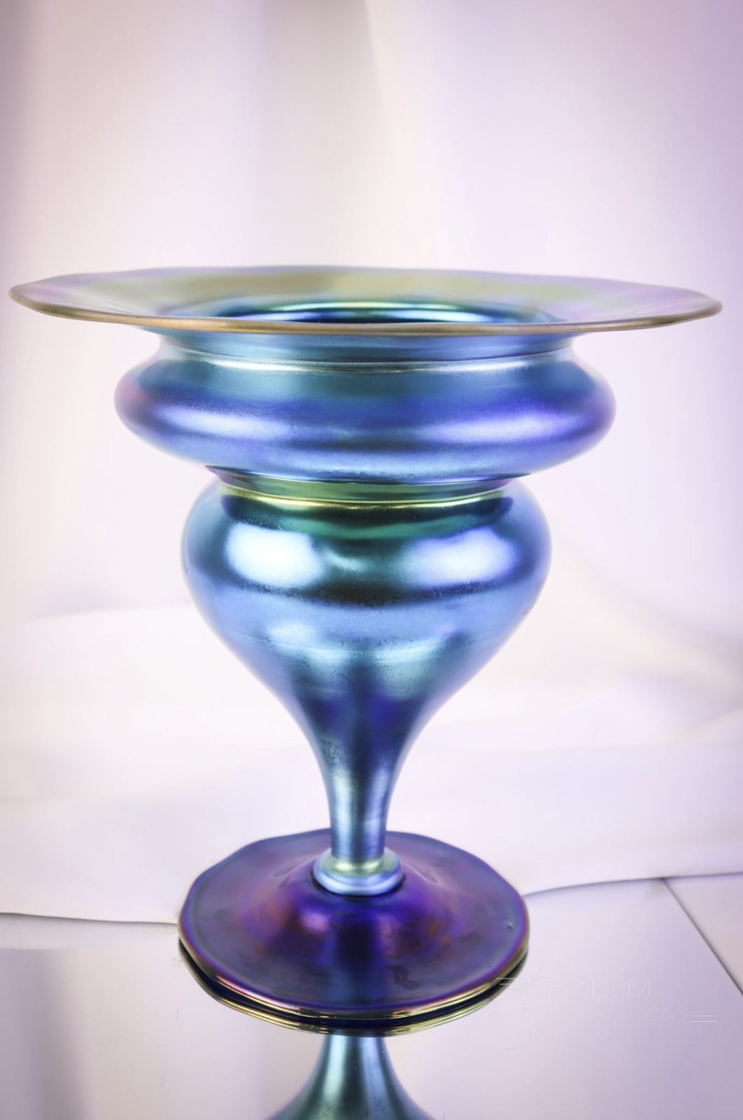 MONUMENTAL Blue Large Pedestal-Footed, Signed STEUBEN AURENE Flared Rim Vase