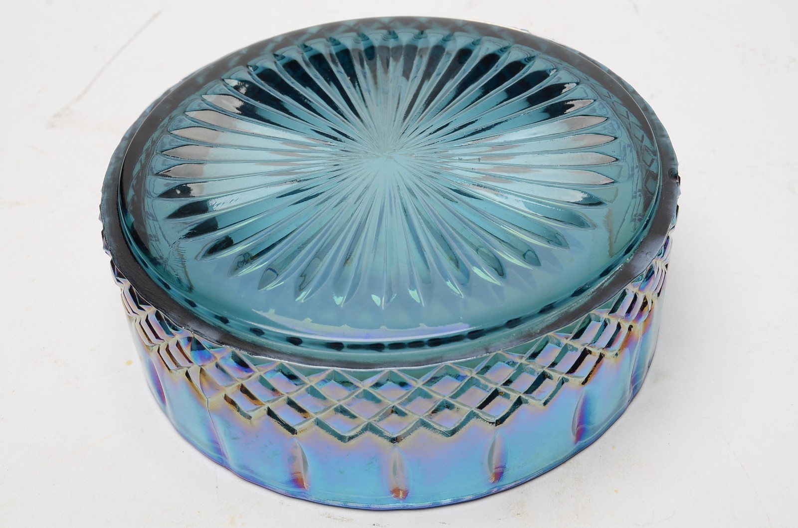 Vintage Indiana Glass Princess Blue Carnival Glass Candy Dish Lid Chips READ
