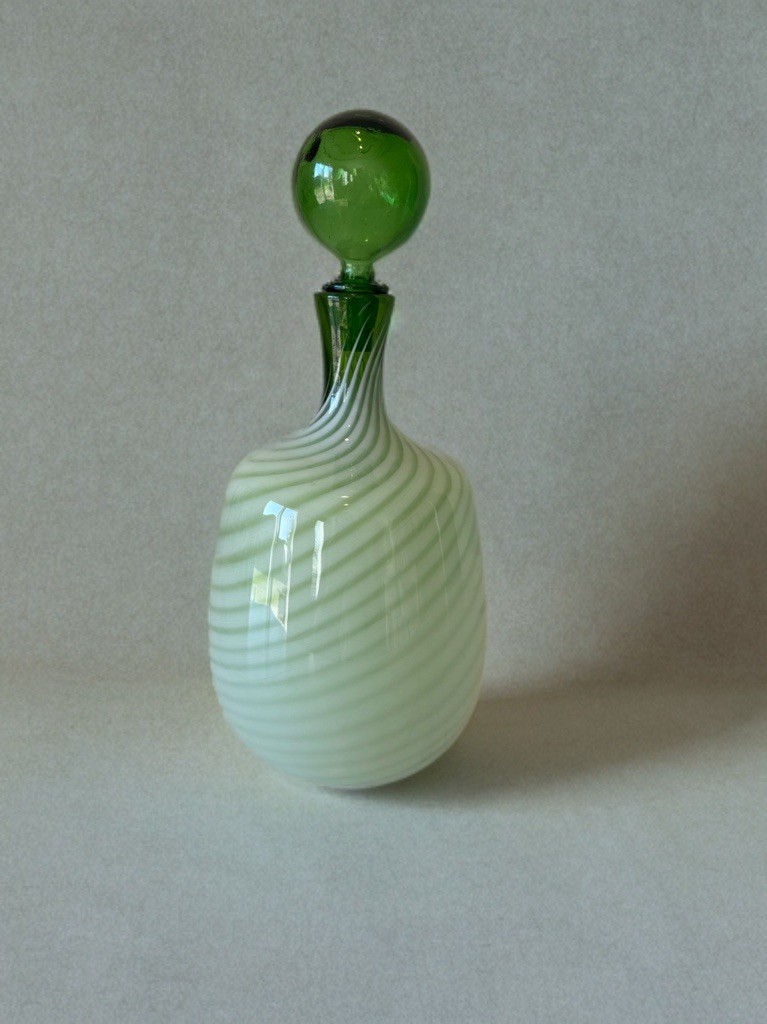Vintage Hand Blown Art Glass Decanter Bottle Green White Swirl w/ Stopper 14”