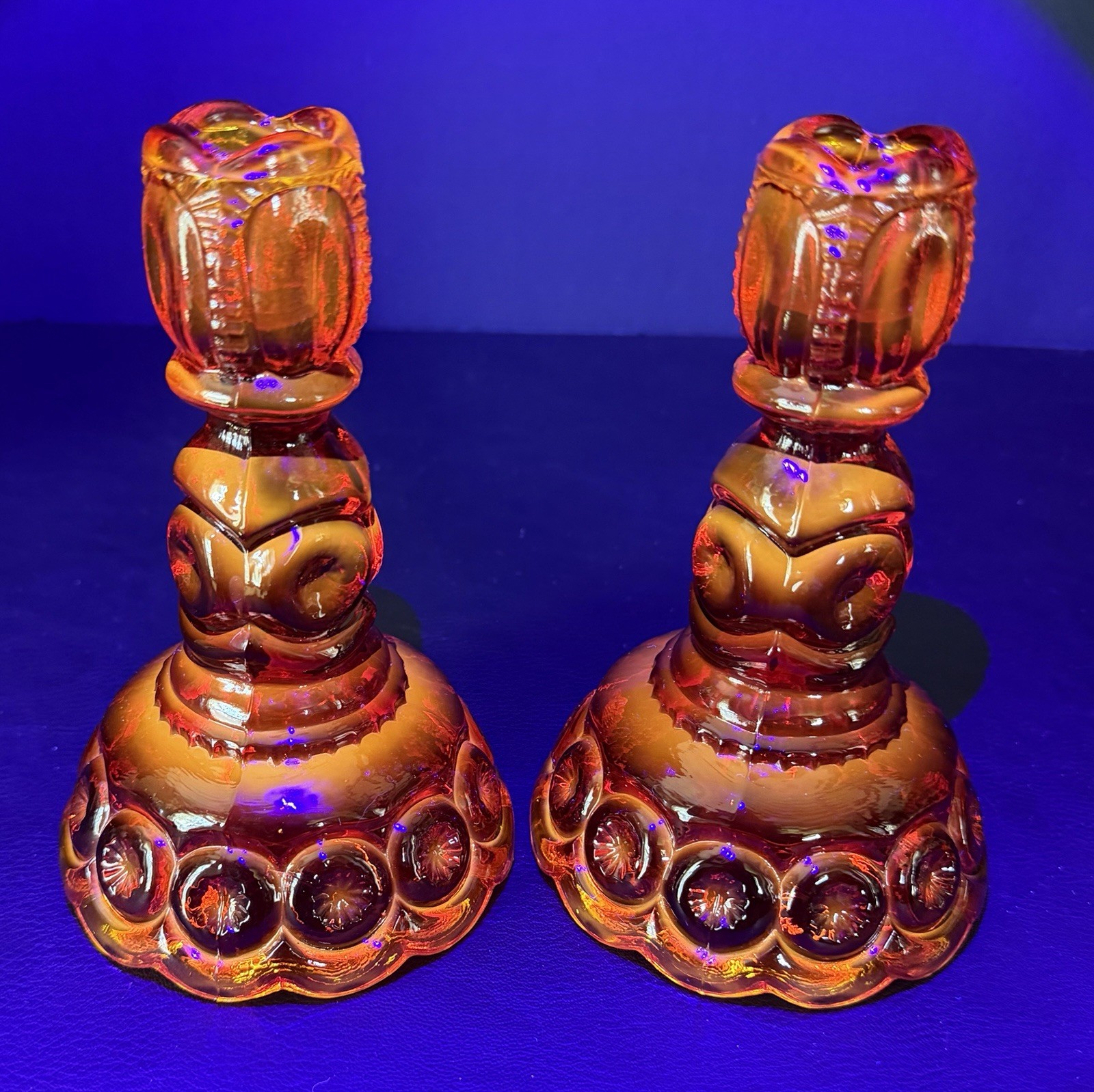 Vintage LE Smith Moon & Stars Candlesticks Amberina Flame Ruby Red Glass