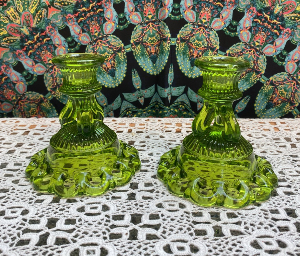Westmoreland Doric Open Lace Single Glass Pair Of Candleholders Moss Green Set 2