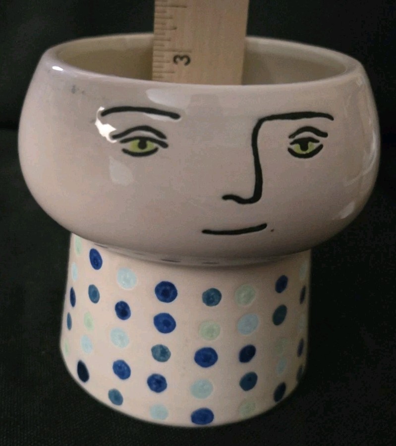 Planter Human Head Blue Polka Dots Opal House Green Eyes Pottery 3.5″ Tall
