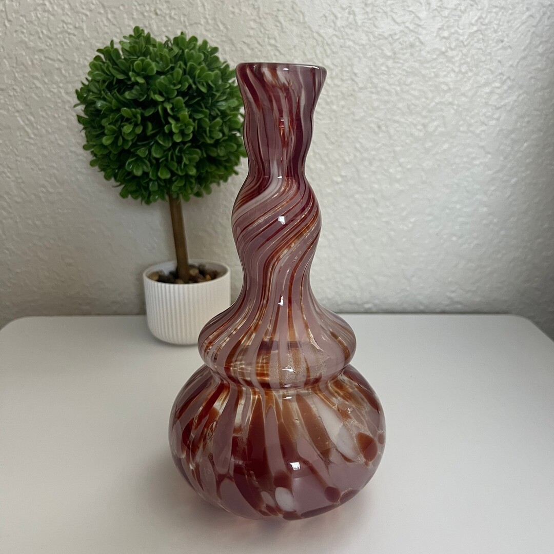 Blush Pink / Brown Confetti Hand Blown Art Glass Vase 8.75” Tall