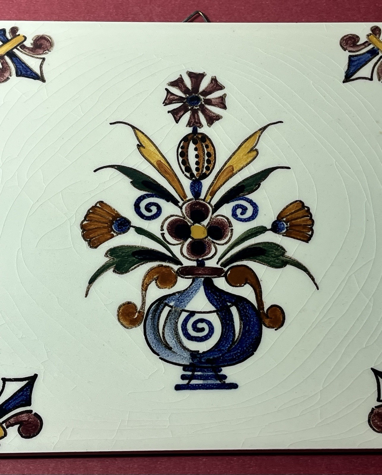 Vintage De Delftse Pauw D.P. Delft Tile 6” Hand Painted Polychrome Floral Signed