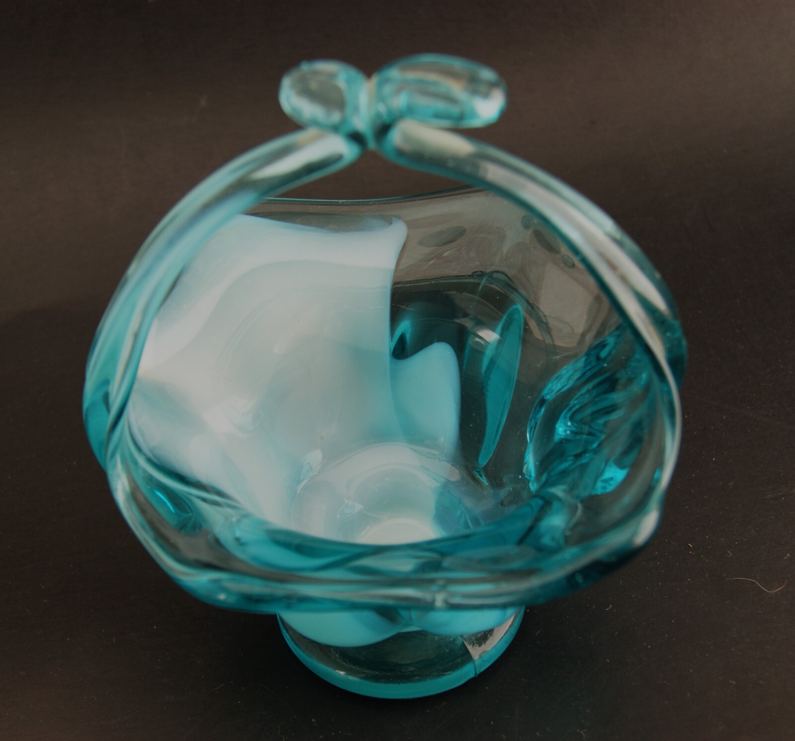 Blown Biomorphic Art Glass Sweet Meat Basket Blue and White Swirl Candy Dish