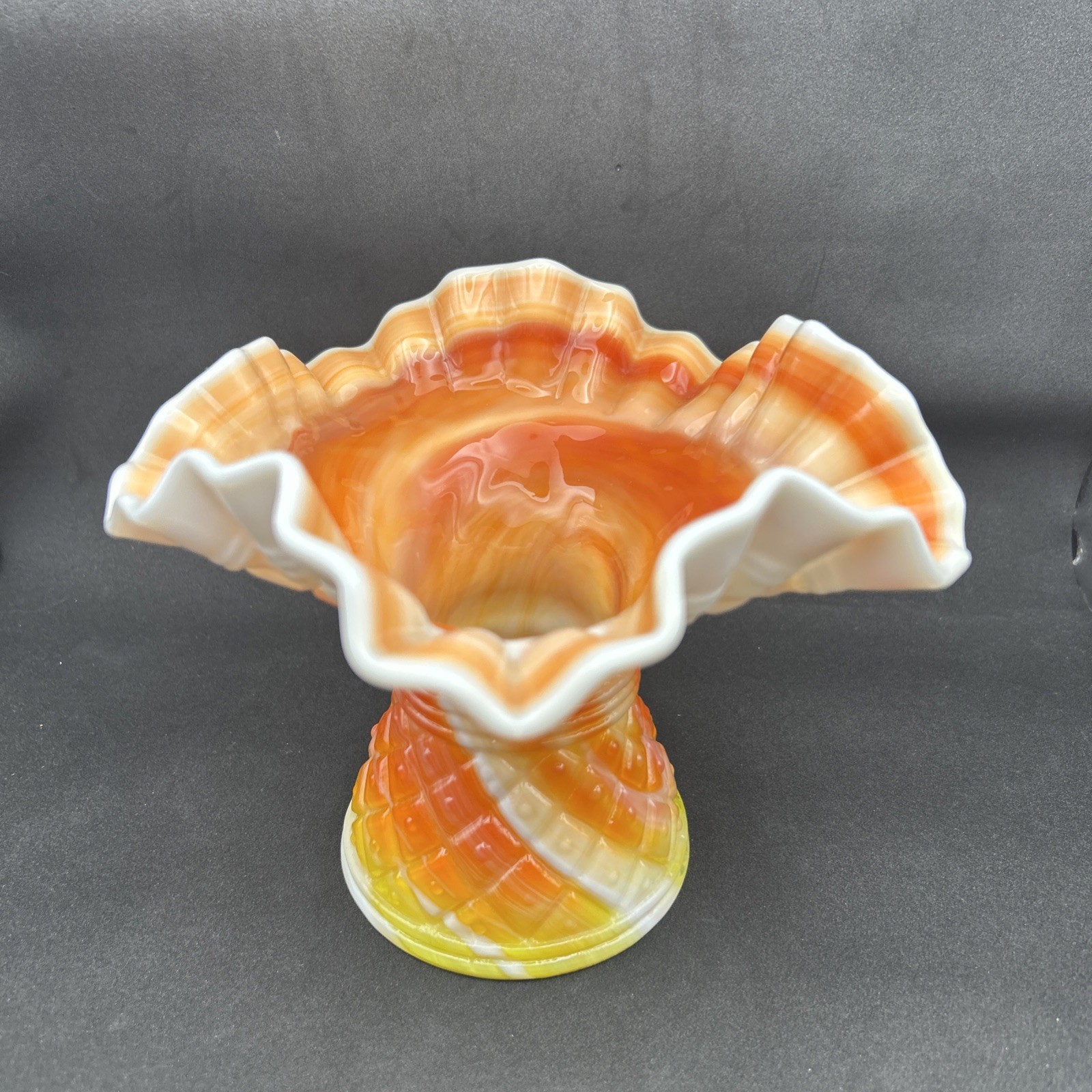 Vintage Kanawha Glass Ruffled Diamond Dot Red Orange White Slag Corset Vase
