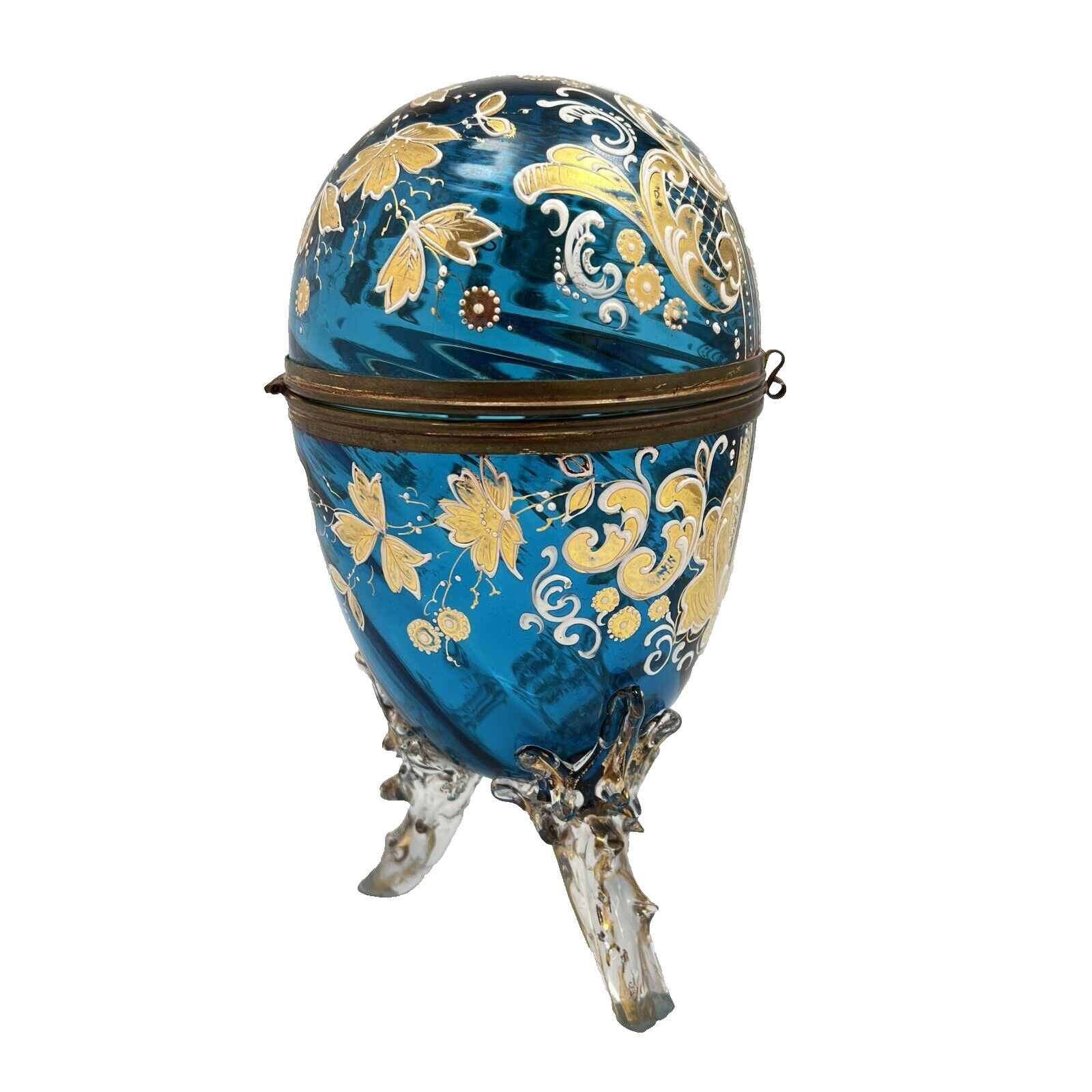 Czech Hand Blown Glass Egg Trinket Castet Blue Hinged Hand Painted Gold White