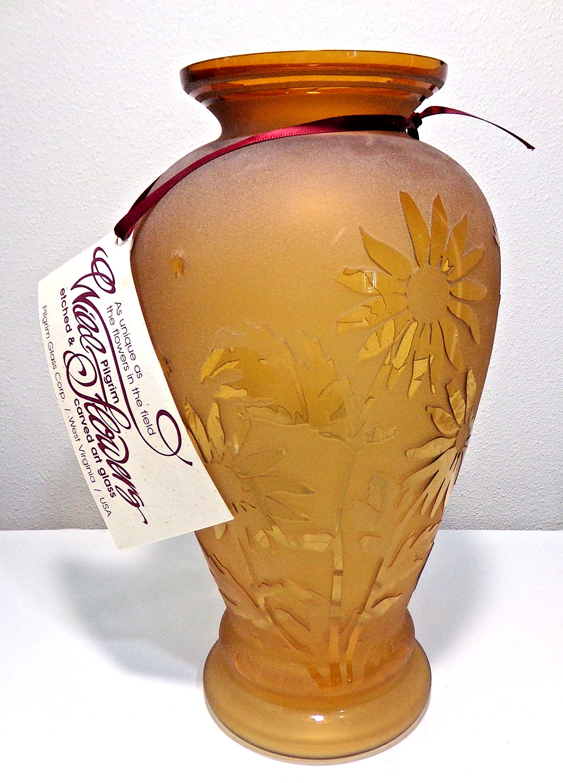 1994 Pilgrim Etched & Carved WILDFLOWERS Cameo Art Glass Vase Kelsey 902899
