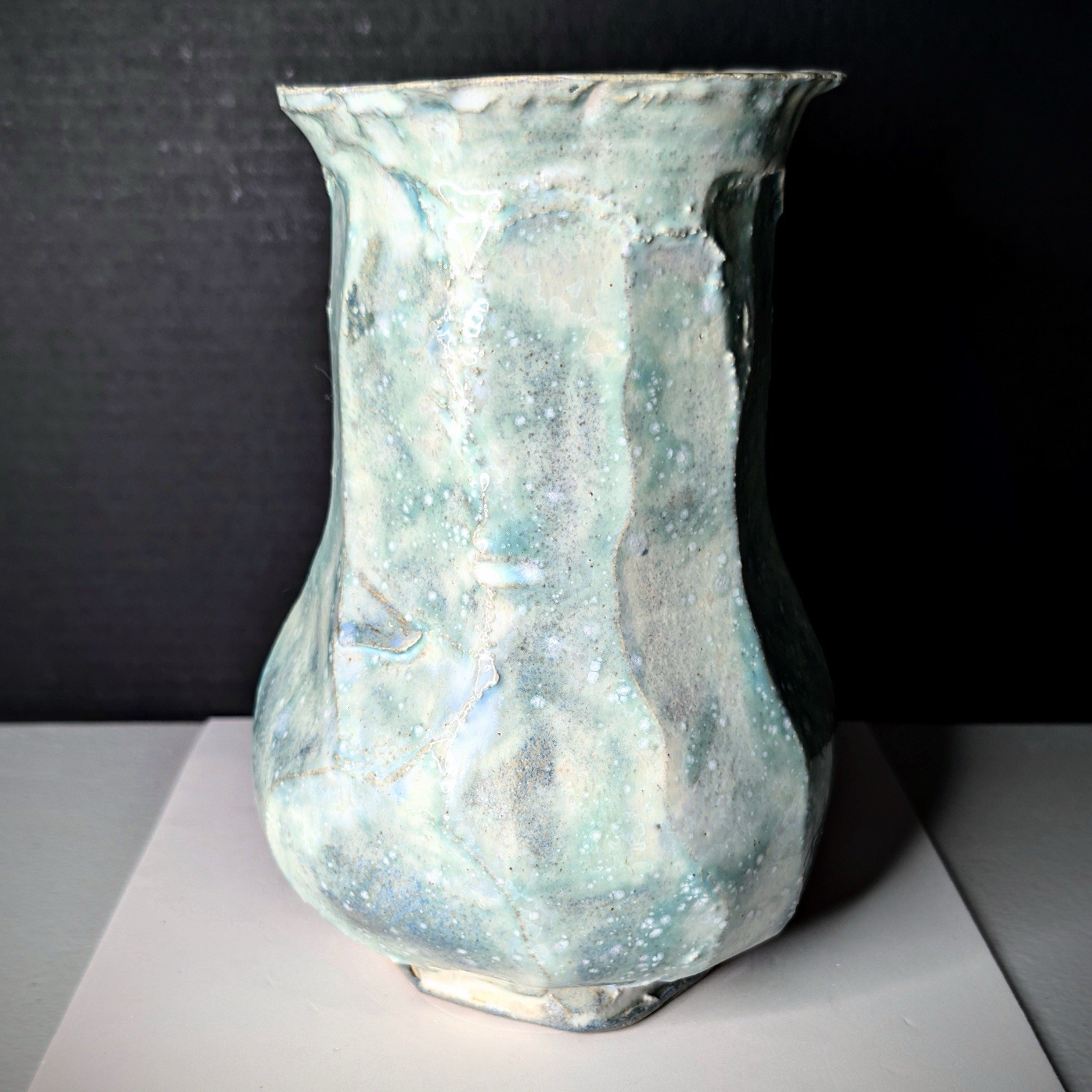 Faceted Sculpted Stoneware Vase Mint Green White Brown Flared Rim Crystal Blooms