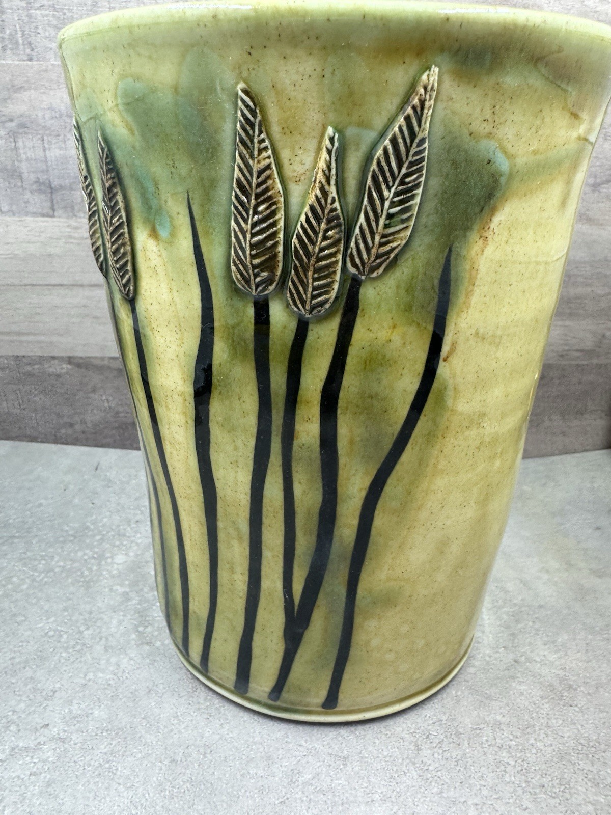 Art Studio Pottery Vase 7” Ribbed Wheat Grass Green Drip Glaze Signed Pottery