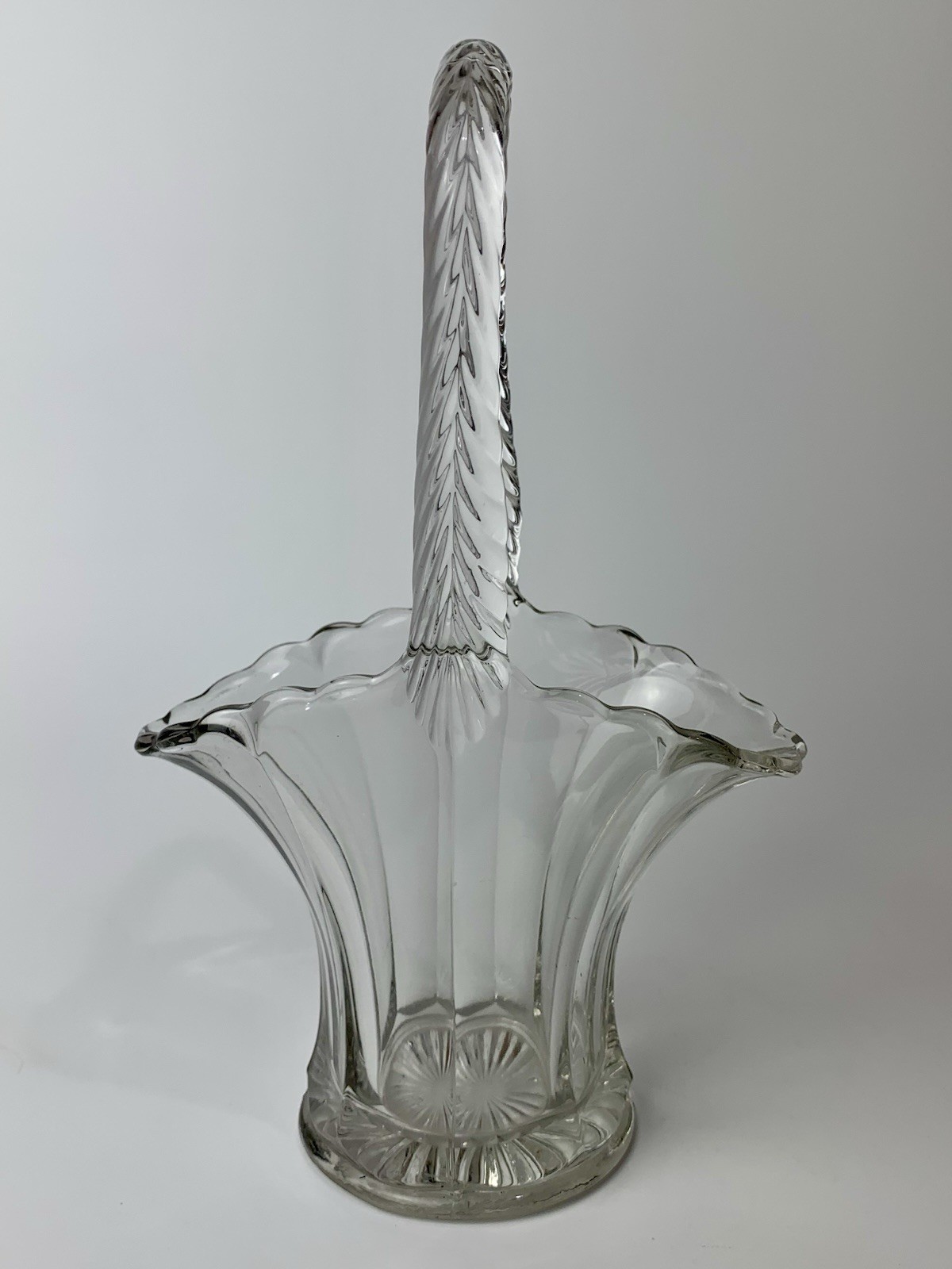 Vintage Clear Glass Bride Basket – Scalloped Edges, Textured Handle – 9.5 inches
