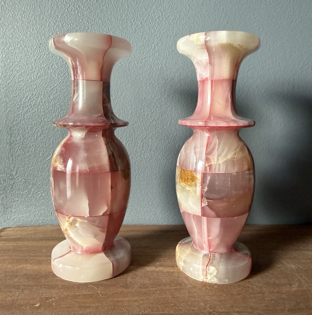 Pair Decorative Vase or Candle Holder Pink & White Onyx Marbled Pattern