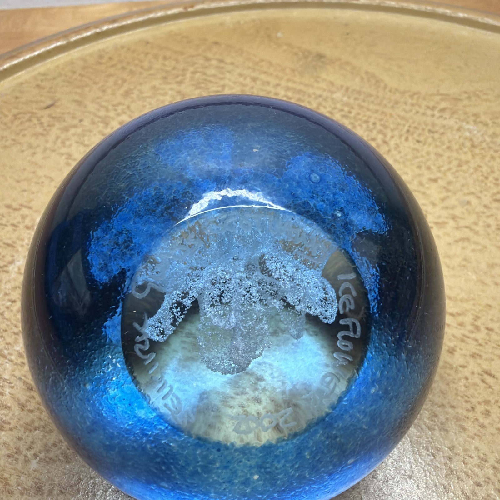 Selkirk Paperweight Bubble Blue & White Ice Flower Vintage Art Glass Signed