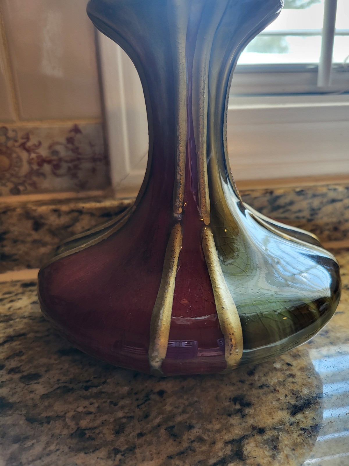 VTG Ceramic Pottery Red Black Green With Gold Stripes 6.25 X 6.25 Vase