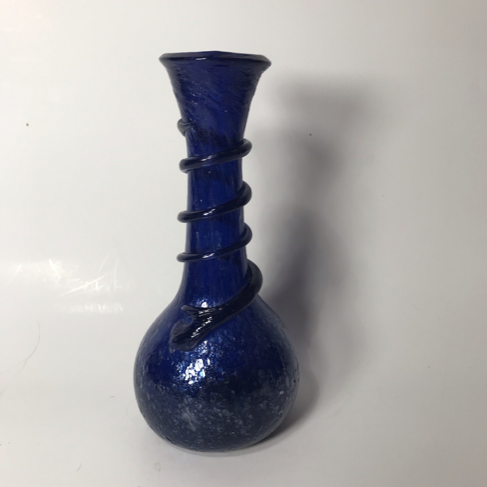 Cobalt Blue Hand Blown Mottled Glass Vase 8” Tall Applied Coil Made In Egypt