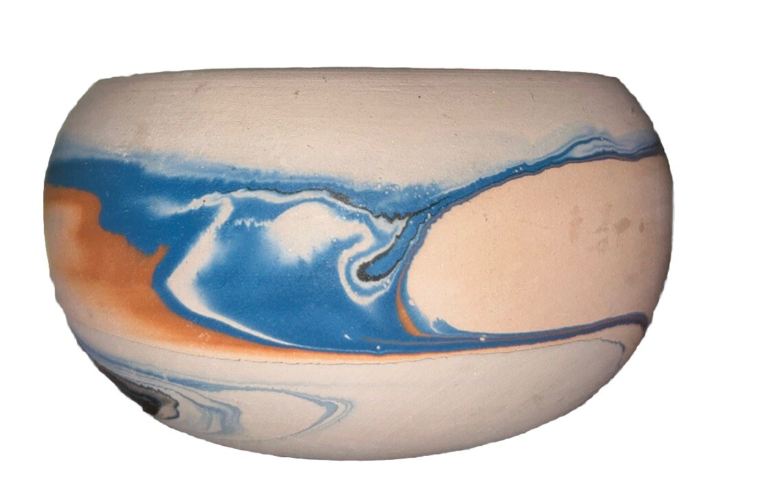 VTG Nemadji Pottery Clay Ceramic Orange Blue Swirl Bowl Vase USA 2.75”T 5”Diam