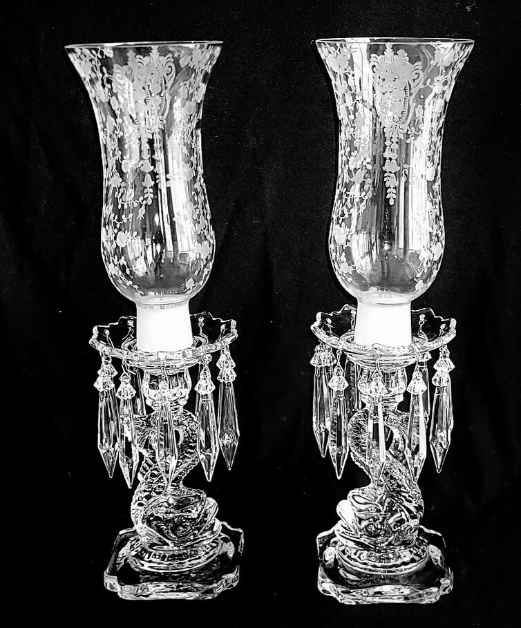 Rare Cambridge Rose Point Crystal Etched Dolphin Hurricane Candle Lamps 17 1/4″