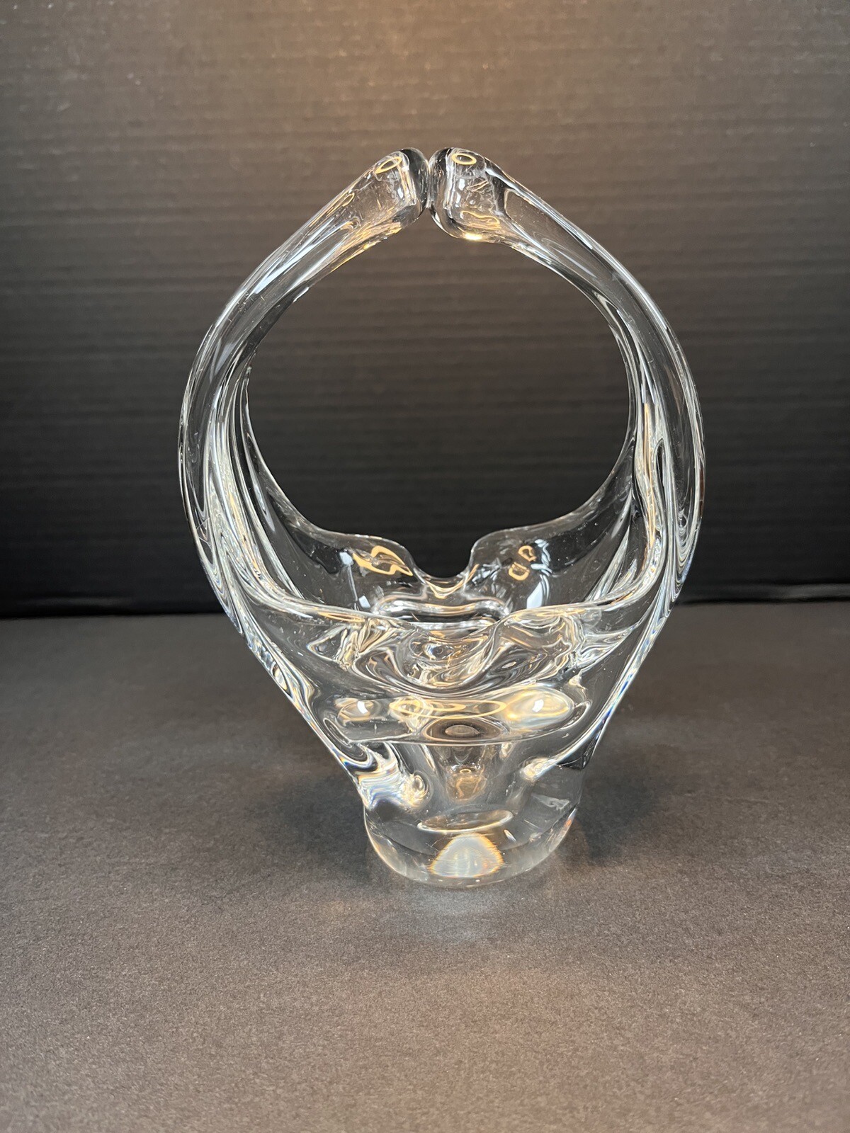Murano Style Hand Blown Art Glass Basket Clear Split Handle Basket Candy Dish.