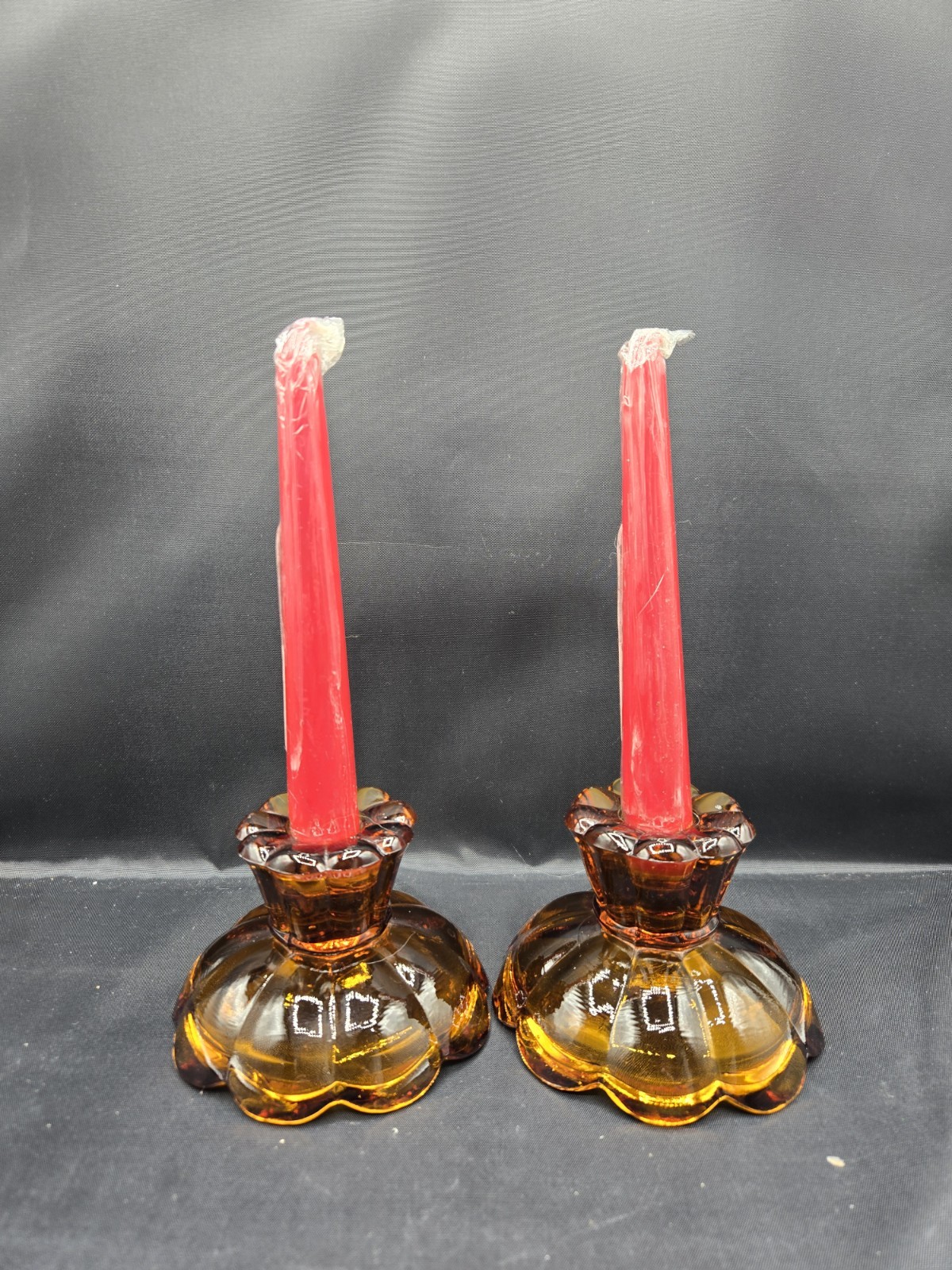 Vintage Amber Glass Candlestick Holders Dual Use Pair MCM