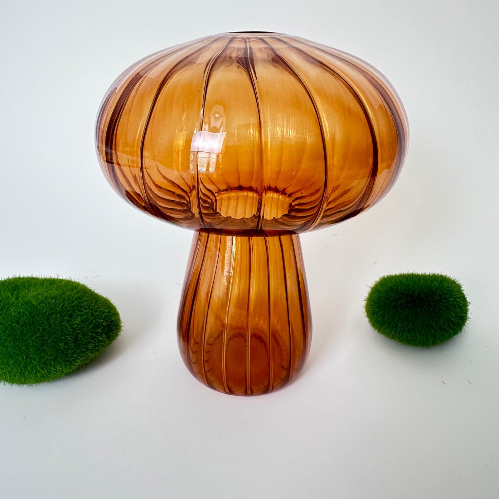 Vintage Amber Glass Mushroom Vase Ribbed Toadstool MCM Cottagecore Decor 5 inch