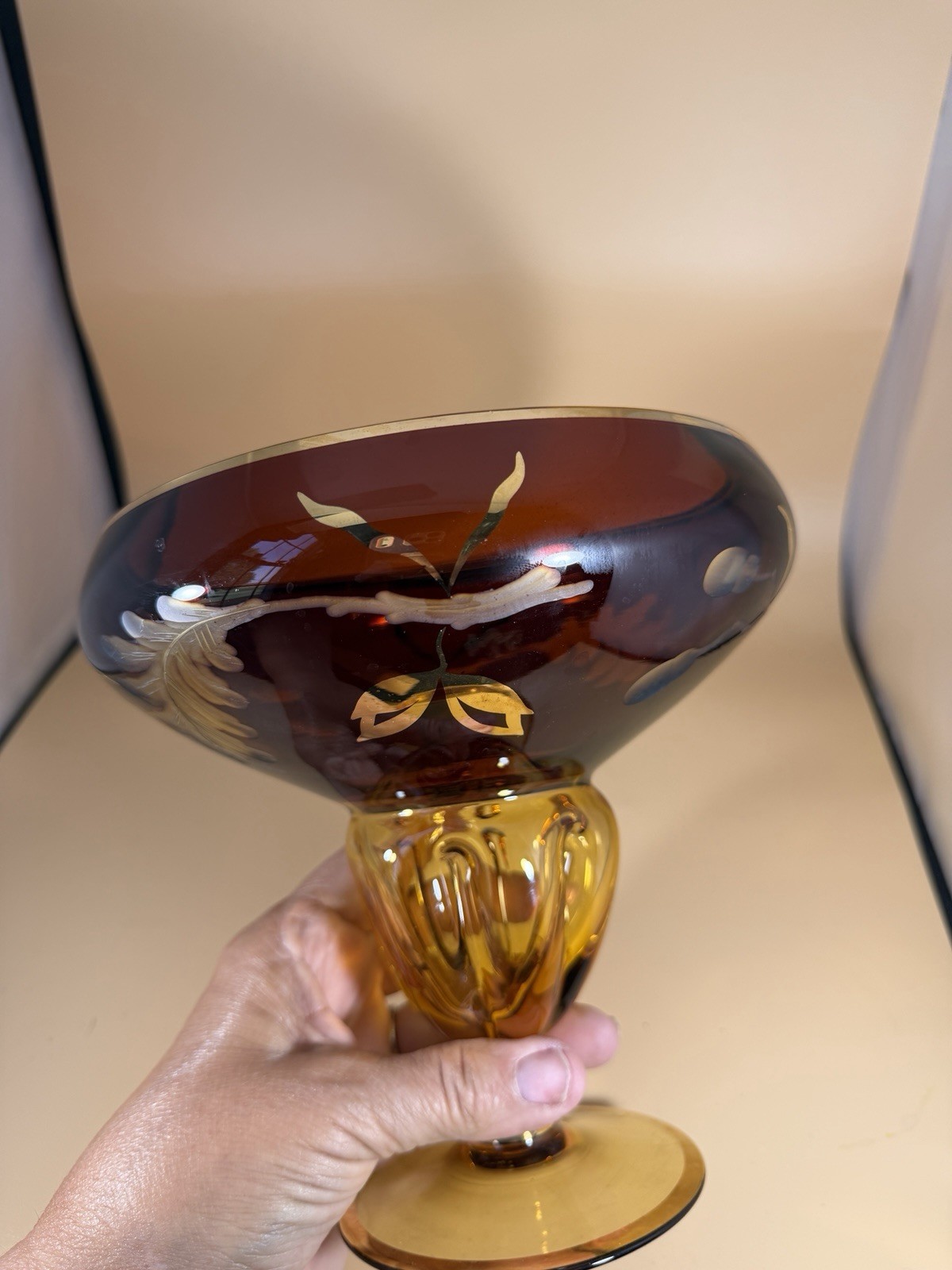 Beautiful Bohemian Amber Cut to Clear Crystal Compote Floral Vintage