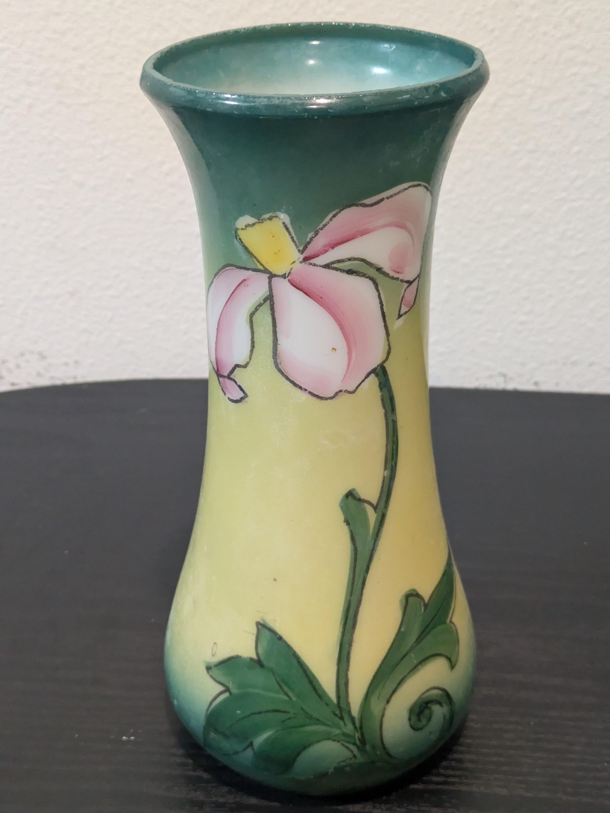 Vintage Hand Painted Art Deco Orchid Flower Vase Green Yellow Pink Milk Glass