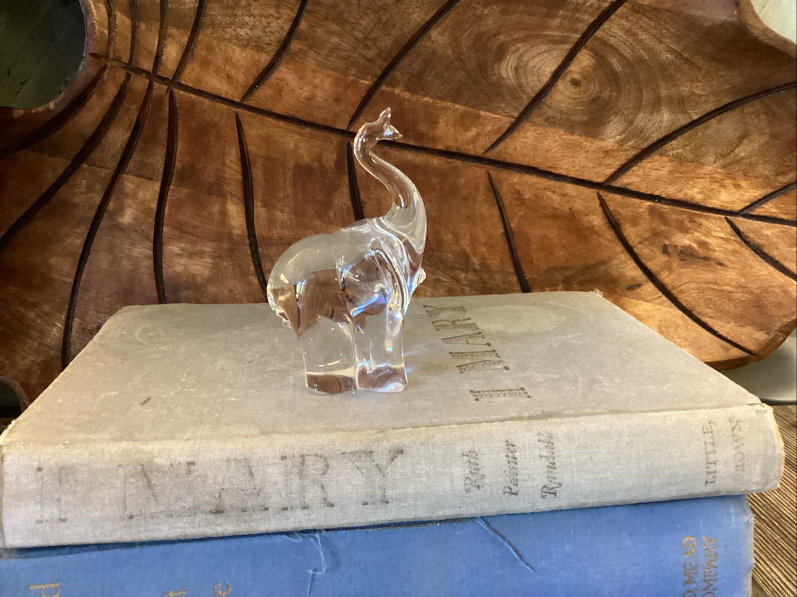 Vintage Figurine Clear Glass Elephant Trunk Up Paperweight Chip On Mouth?