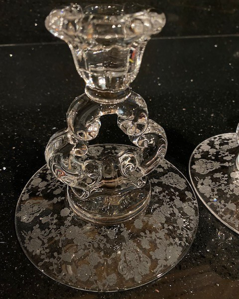 Vintage Pair Candleholders Etched Cambridge Rose Point Keyhole Single Light