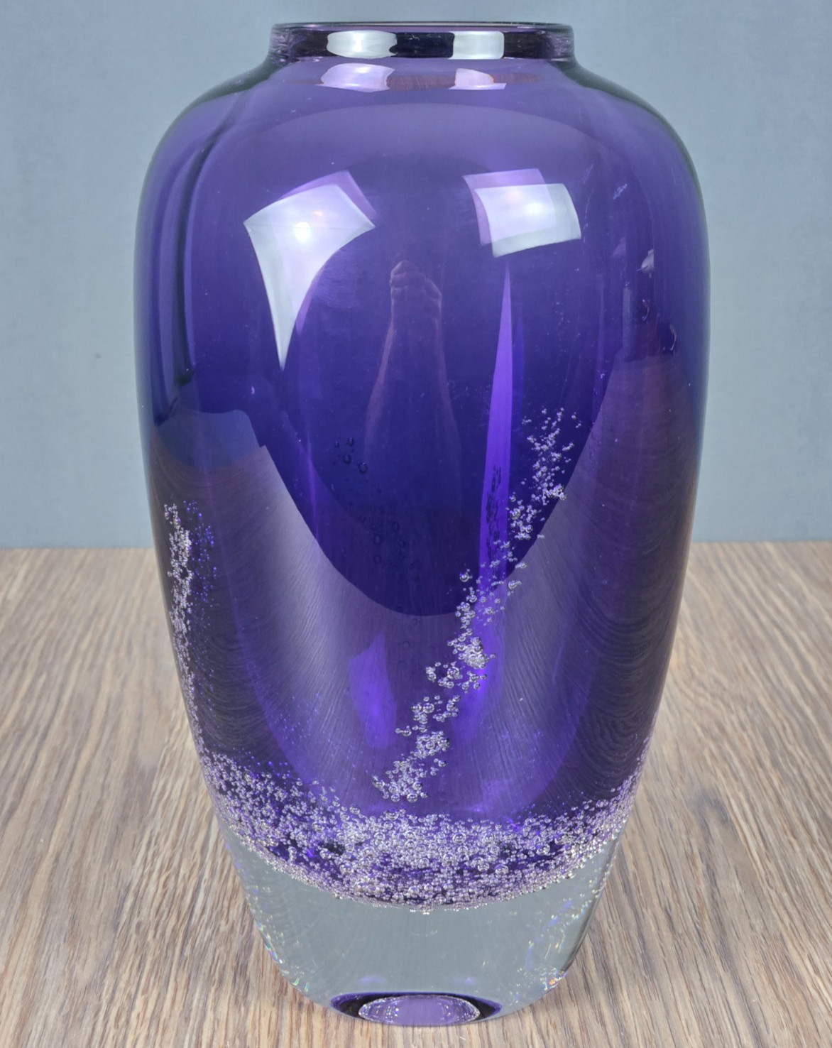 Buzz Blodgett Amethyst Purple clear bubble art glass vase, 8.5″, signed 1993