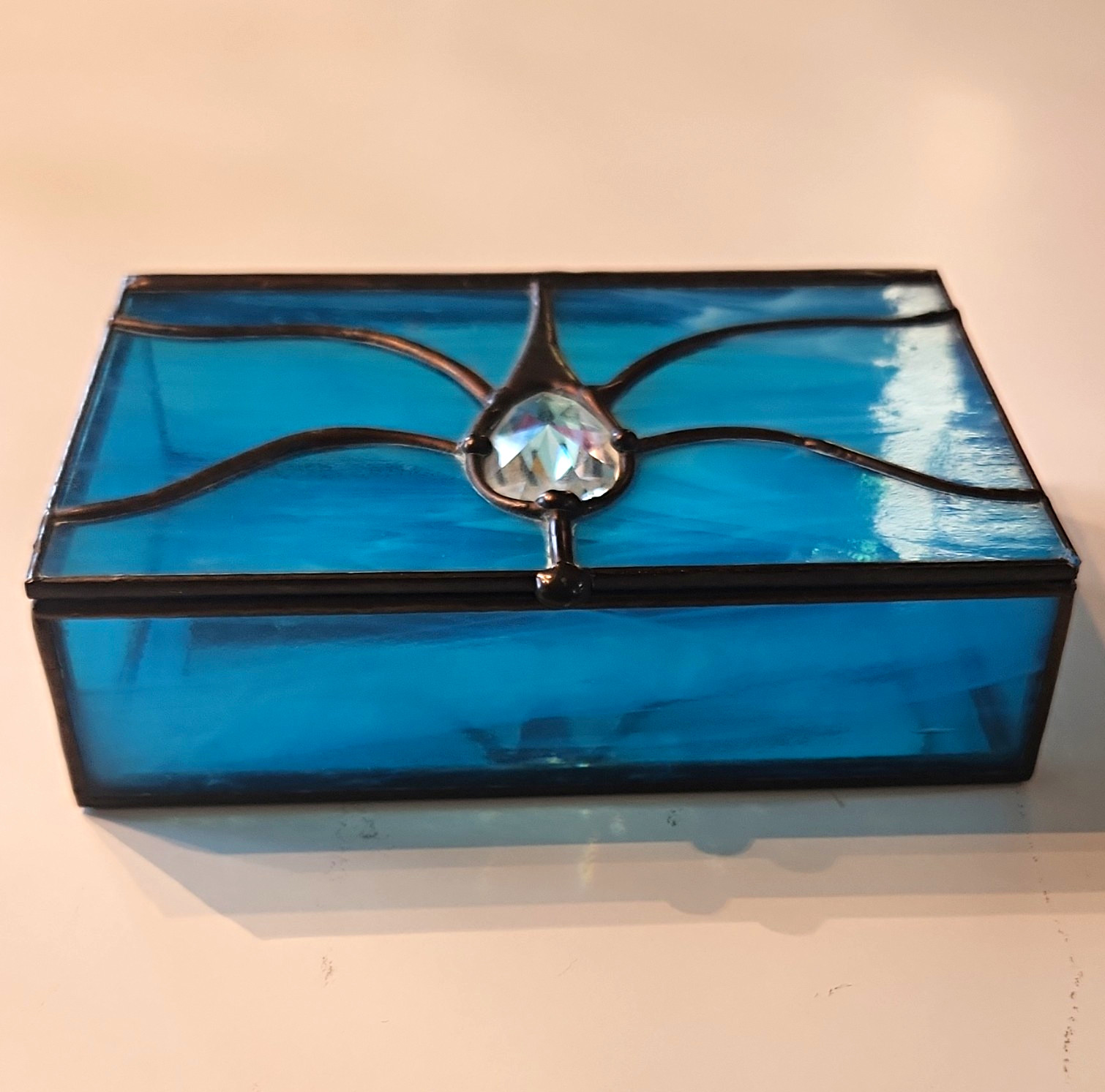 Unmarked Blue Stained Glass & Metal Lidded Decorative Box Clear Faceted Lid