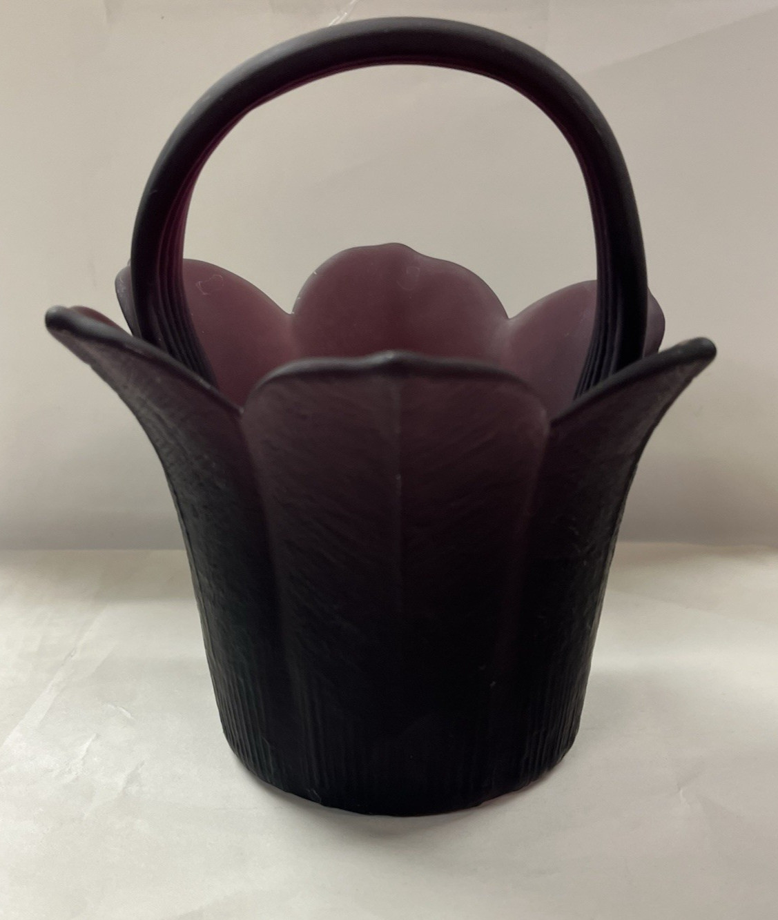 Vintage Purple Flower Petals Leaves Matte Finished Satin Art Glass Basket Vase