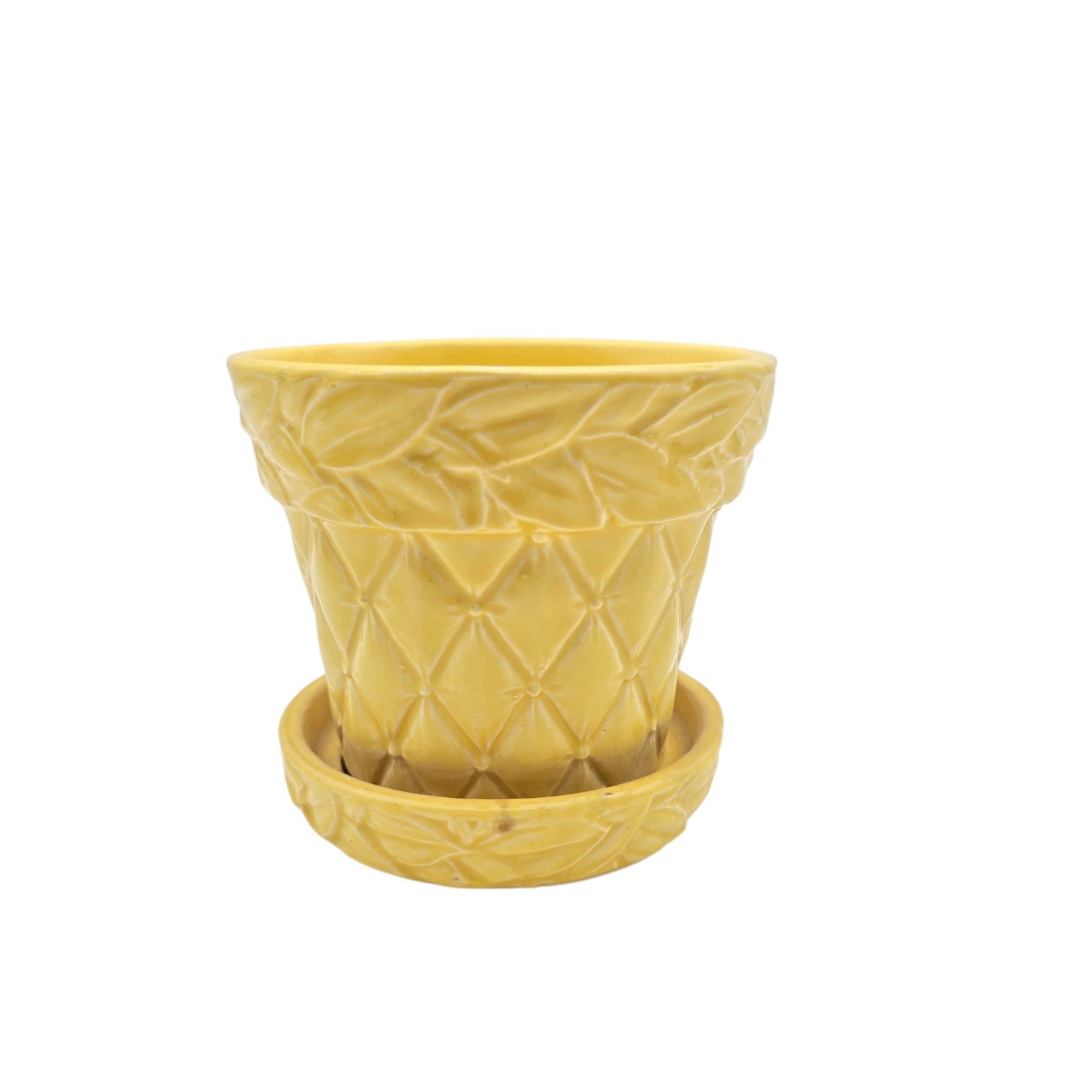 Vintage McCoy Yellow Quilted Leaves Pattern Planter with Attached Saucer 4.5″ T