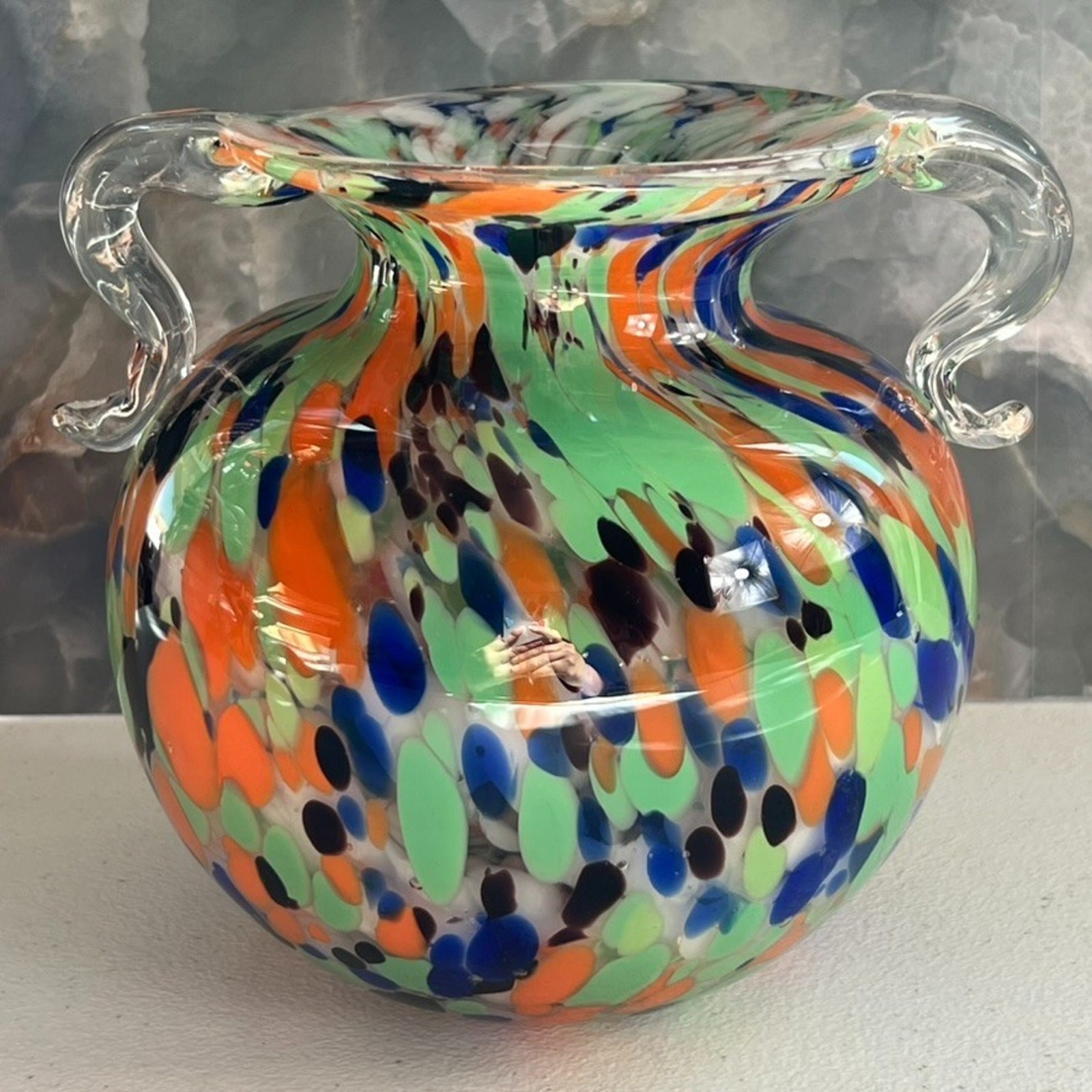 Vintage Hand Blown Art Glass Comfety Spotted Heavy Vase 2 Handles