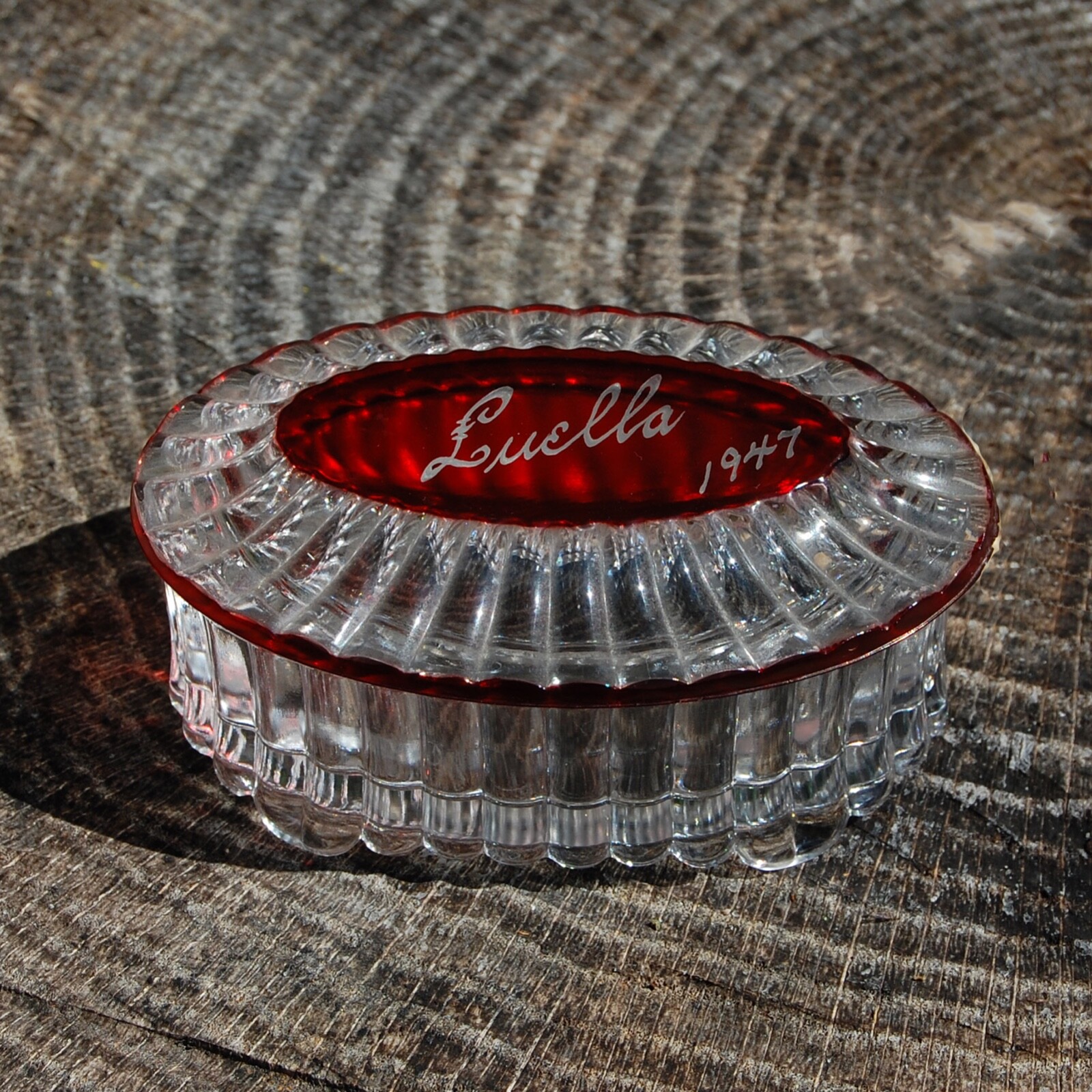 Vintage Ruby Stain Flash Glass Souvenir Covered Vanity Dresser Box 1947 LUELLA