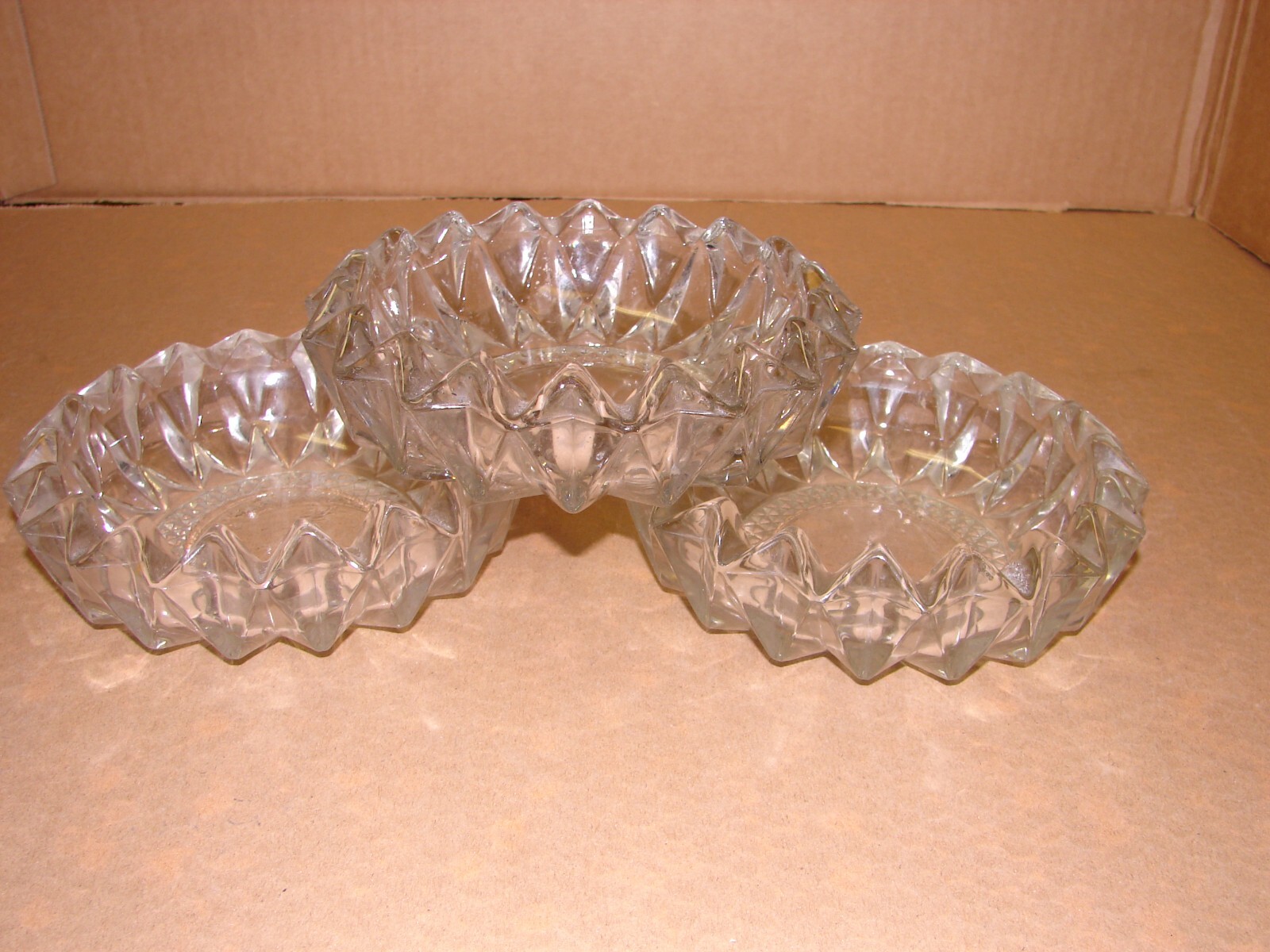 Lot of 3 Vintage KIG Indonesia Diamond Pressed Glass Clear Round Heavy Ashtrays