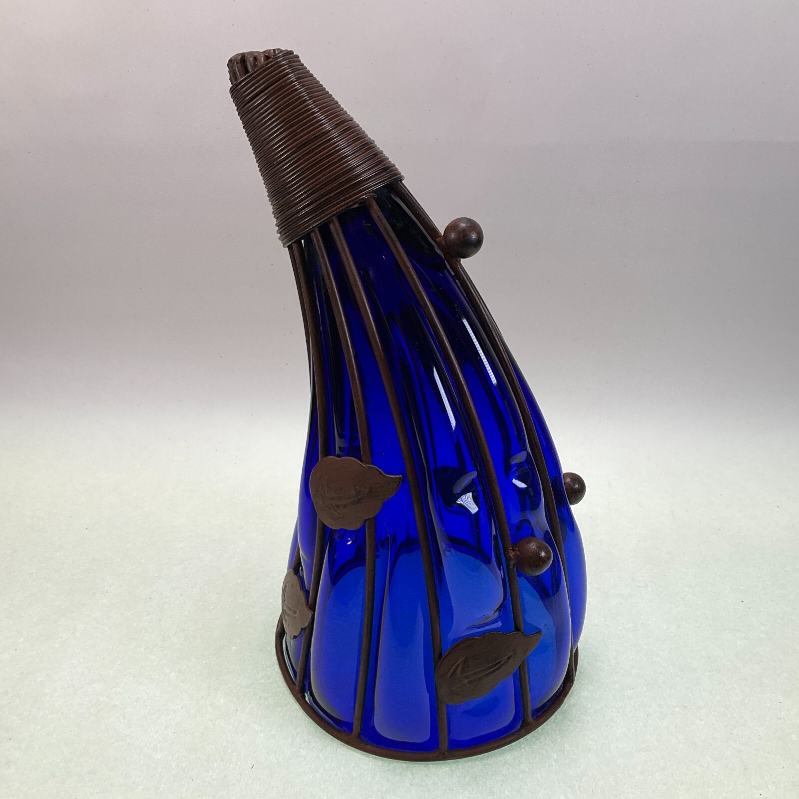 Cobalt Cornucopia Hand Blown Glass Metal Cage Leaves Vase 1960s 10 1/2″