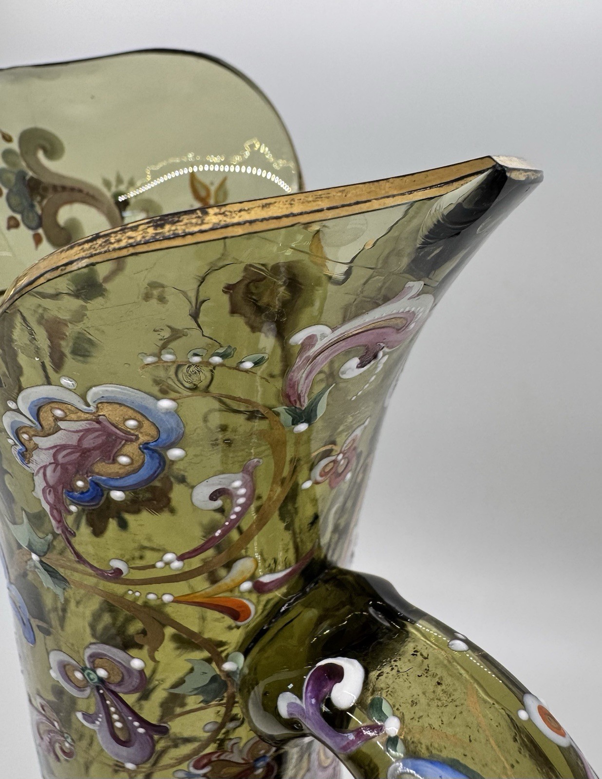 Antique Moser Art Glass Green Hunting Horn Gold Gilt Enamel 10.75″