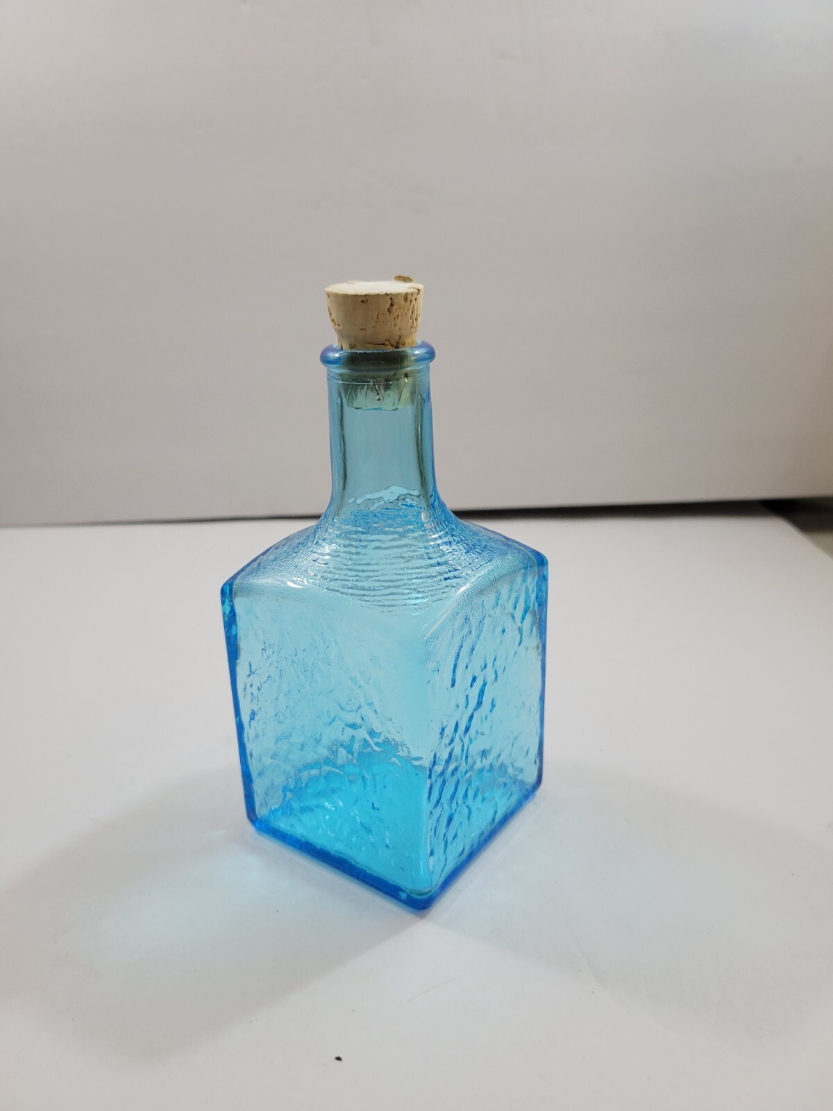 Decorative Turquoise Blue Textured Glass Square Bottle w/Cork Stopper 6″