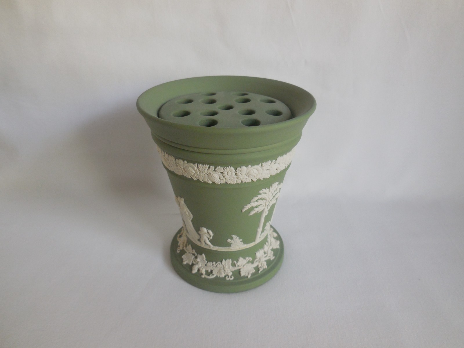 Vintage Wedgwood Sage Green Jasperware Heavy Vase With Flower Frog