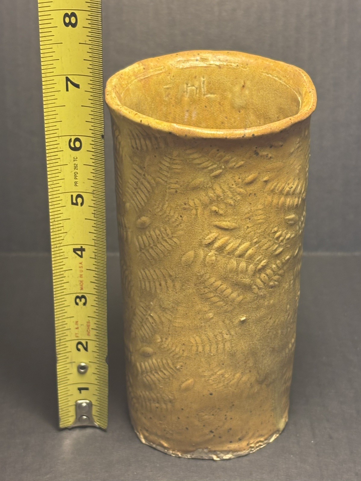 Cylindrical Botanical Impressed Fern Studio Pottery Vase Mustard Color Signed
